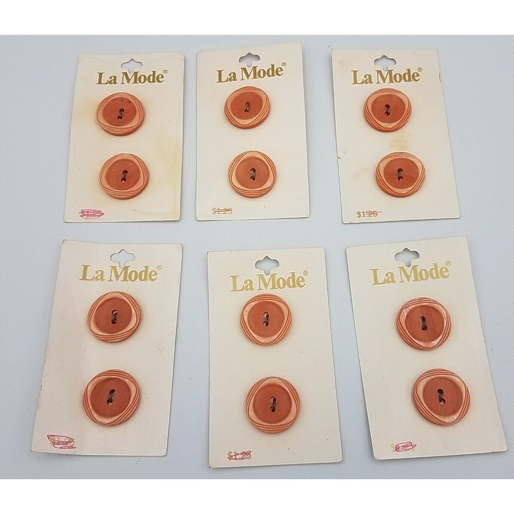VTG La Mode #28952 Round Buttons Orange  6 Cards  2 Buttons Retro Look 19mm‎